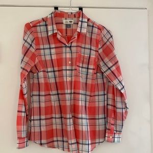 Old Navy 100% Cotton Plaid Long Sleeve Shirt Coral & Navy Blue Size M
